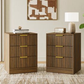 Nordic minimalist ruffled design bedside table with three drawers for large capacity storage. Golden handles for a luxurious look. Bedroom bedside sto