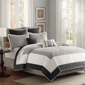 7 Piece Quilt Set with Euro Shams and Throw Pillows Black Full/Queen