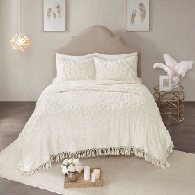 Tufted Cotton Chenille Medallion Fringe Coverlet Mini Set Off-White King/Cal King