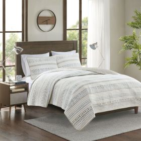 3 Piece Seersucker Quilt Set Taupe/Blue Full/Queen