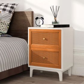 1PC Boho Accent Table Nightstand with 2 Handwoven Rattan Decorated Drawers with Gold Knobs