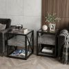 Set of 2 Modern End Table with Drawer - Nightstand for Bedroom & Living Room, Rustic Wood Grain MDF & Tempered Glass Top, Industrial Style Side Table