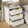 Light luxury style ruffled bedside table, Nordic design with three drawers for storage, golden handles, modern bedroom bedside storage cabinet.