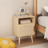 22.83" H Rattan Nightstand, Side Table with Door Open Shelf,Accent Bedside End Table with Solid Wood Legs for Bedroom, Dorm and Small Spaces