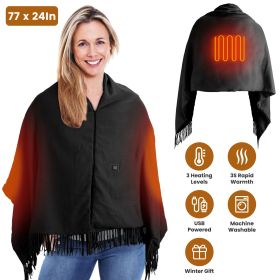77x24In USB Heated Shawl with Teasel Wearable Heating Blanket Electric Throw Wrap Indoor Outdoor with Zipper 3 Heating Levels Machine Washable for Out (Color: black, Type: Tassel)