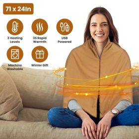 71x24In USB Heated Shawl Wearable Heating Blanket Electric Throw Wrap Indoor Outdoor with Zipper 3 Heating Levels Machine Washable for Outdoor Home Of (Color: Camel, Type: Normal)